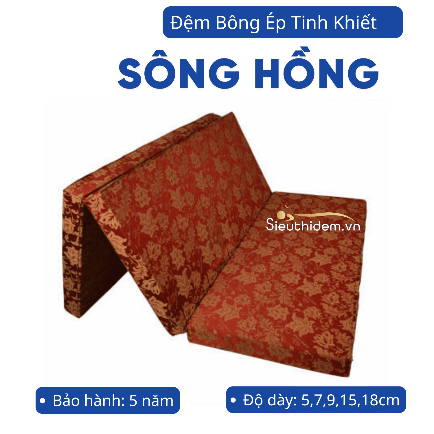 Đệm bông ép tinh khiết vỏ gấm Sông Hồng